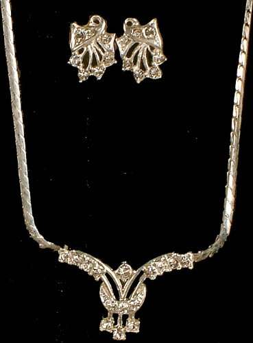Exotic India Crescent Cut Glass Necklace with Earrings - Nickel Free White Metal with Cut Glass