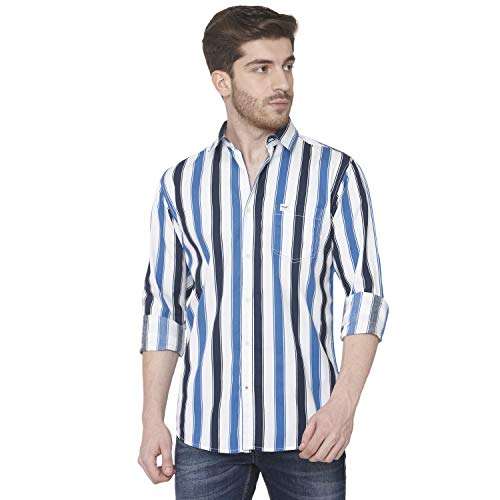 Mufti Men's Striped Casual Shirt (FLS-0110_White-Blue L) 1