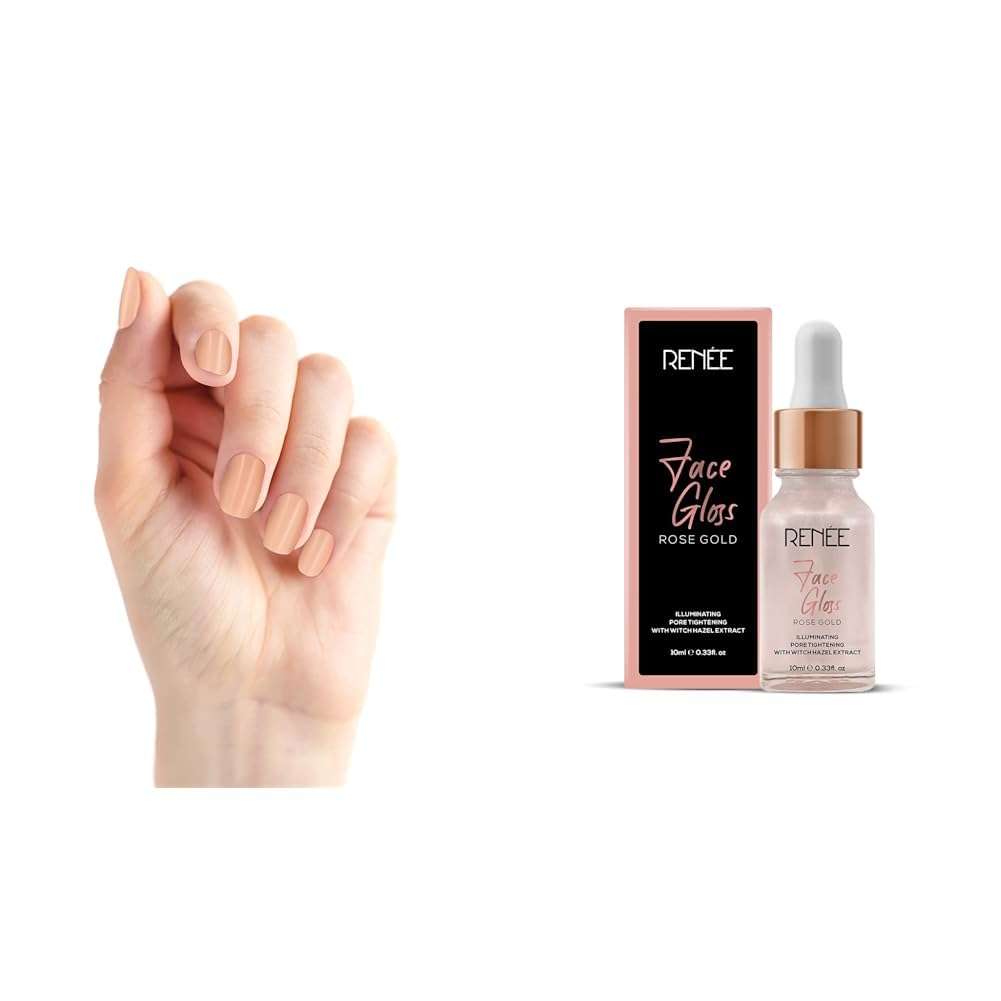 RENEE Stick On Nails BN 02| 24 Reusable Artificial Fake Nail Set| Lightweight & Long Lasting & RENEE Face Gloss For Glass Like Skin - Instant Illumination, Radiant Glow, Pore Tightening 2