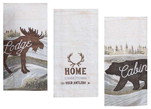3 Cabin Lodge Themed Decorative Cotton Kitchen Towels with Bear, Moose, Antler Print | Marble Inspired Design | 2 Patterned Terry and 1 Embroidered Tea Towel Set for Dish and Hand Drying 1