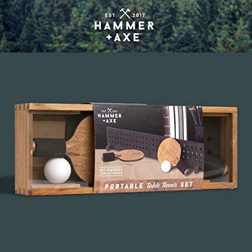 Hammer + Axe Portable Wooden Table Tennis Set, Compact Ping Pong Kit with Paddles, Wood Net and Ball, Play Tennis on Any Desk, Table or Counter, Includes Convenient Wood Box Case 5