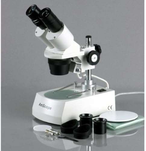 AmScope SE305R-PZ Forward Binocular Stereo Microscope, WF10x and WF20x Eyepieces, 10X-60X Magnification, 1X and 3X Objectives, Upper and Lower Halogen Light Source, Pillar Stand, 120V , White 4