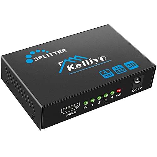 HDMI Splitter 1 in 4 Out - KELIIYO 4K Hdmi Splitter 1x4 Ports Powered HDMI Splitter Supports 3D 4K@30HZ Full HD1080P for Xbox PS4 PS3 Fire Stick Roku Blu-Ray Player HDTV (1 Input 4 Output) 1