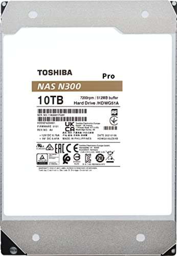 Toshiba N300 PRO 10TB Large-Sized Business NAS (up to 24 bays) 3.5-Inch Internal Hard Drive - Up to 300 TB/year Workload Rate CMR SATA 6 GB/s 7200 RPM 512 MB Cache - HDWG51AXZSTB 6