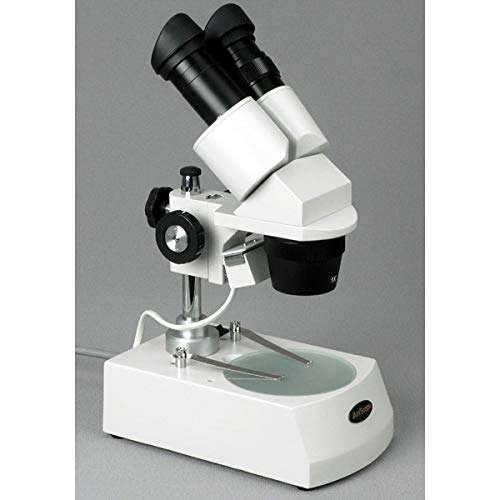 AmScope SE305-P Binocular Stereo Microscope, WF10x Eyepieces, 10X and 30X Magnification, 1X and 3X Objectives, Upper and Lower Halogen Lighting, Reversible Black/White Stage Plate, Pillar Stand, 120V 2