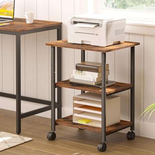 HOOBRO Printer Stand, 3-Tier Industrial Under Desk Printer Cart with Shelf, Mobile Heavy Duty Storage Rack on Wheels for Home, Office Rustic Brown and Black BF03PS01G1 3