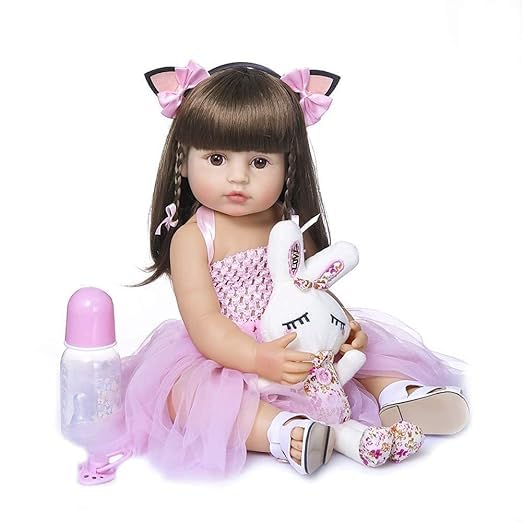MIVEAS CARE Baby Reborn Toddler Baby Dolls Silicone Full Body Girl 22 inch Long Hair Anatomically Correct Waterproof Dolls Reborn Pink Dress Birthday Gift
