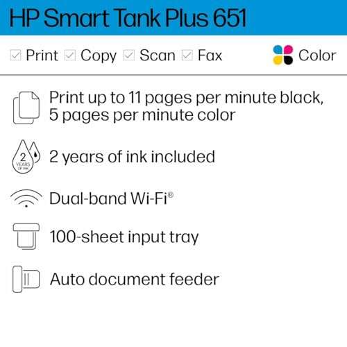 HP Smart Tank Plus 651 Wireless All-in-One Printer, Ink Tank Printer for Home Use, up to 2 Years of Ink in Bottles, Auto Document Feeder, Mobile Print, Scan, Copy, Fax, Works with Alexa (7XV38A) 2