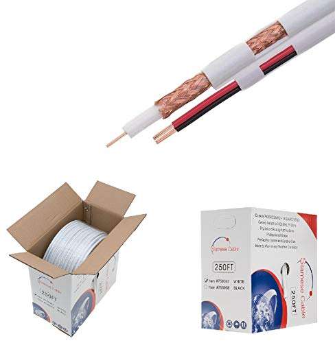 Bulk Siamese RG59/U Cable, 20AWG + 18/2AWG, 95% Shielding, CCTV Video Wire (White, 250FT) 1