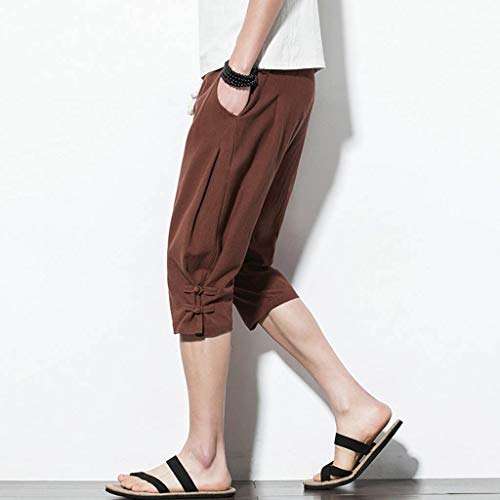 Hmlai Clearance Men Shorts Casual Big and Tall Elastic Waist Fashion Leisure Linen Loose Fit Calf-Length Linen Pants (XL, Coffee) 4