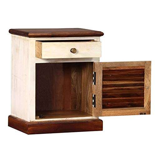The kashth Wooden Bedside Table Cabinet for Living Room | Kitchen | Home Entrance | Side Table with 1 Drawer and 1 Door | Cabinet Storage | Mango Wood (White and Brown Finish) 2