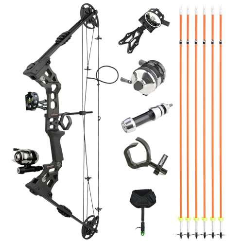 Bowfishing Compound Bow Kit with Bowfishing Reel Bowfishing Arrow, Complete Compound Bow Fishing Kit Right/Left Handed Draw Weight 20-70 LBS for Hunting Fishing (Black, RH) 1