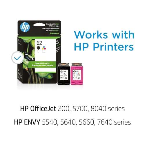 HP 62 Black/Tri-color Ink Cartridges for HP Printers (2-pack) | Works with Printer Series: ENVY 5540, 5640, 5660, 7640, OfficeJet 5740, 8040, OfficeJet Mobile 200, 250 | N9H64FN 2