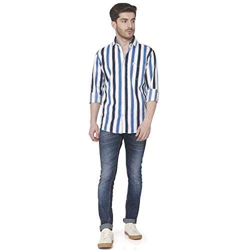 Mufti Men's Striped Casual Shirt (FLS-0110_White-Blue L) 3