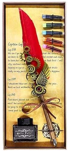 VINTAGER Antique Calligraphy Pen With Ink, 5 Nibs, Pen Stand Base, Vintage Carving Feather Pen Set, Refillable Ink Dip Pens For Writing, Drawing, Signature, Decoration (Multicolor)