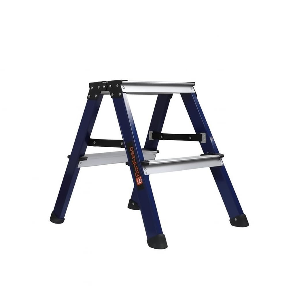 BonKaso Aluminium 2 Step Ladder | Folding Step Stool for Home, Kitchen, Office & Library | Lightweight Ladder | Anti-Slip Wide Pedal Step Stool (Blue - 59h x 42w CMs)