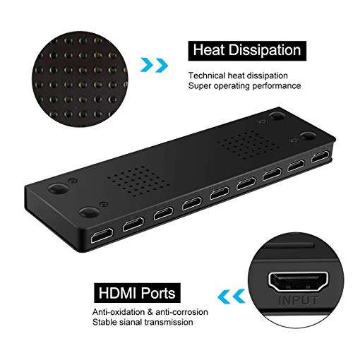 NEWCARE 4K HDMI Splitter 1x8, HDMI Splitter 1 in 8 Out, Ultra HD 4K@ 30 Hz 1.4 HDCP, 8 Ports HDMI Powered Splitter Support Full HD 1080P & 3D for Xbox, PS4, Fire Stick,Blu Ray, HDTV (Black) 6