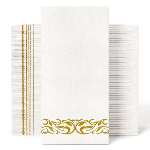 Jolly CHEF Disposable Hand Towels, Soft and Absorbent Line-Feel Dinner Napkin, Elegant Decorative Paper Guest Towels for Kitchen, Bathroom,Weddings,Parties, Gold and White 1