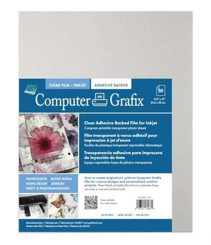 Grafix Computer Adhesive Backed Ink Jet Film – Self-Stick Printable Film for Creating Custom Journals, Stickers, Photos, Jewelry and More, Ink Jet Printers Only 8.5 x 11”, Clear, Pack of 50