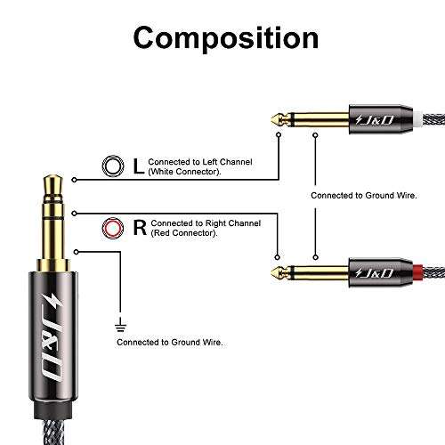 J&D 3.5mm 1/8 inch TRS Male to Dual 6.35mm 1/4 inch TS Male Mono Stereo Y-Cable Splitter for Amplifiers/Mixer Audio Recorder, Zinc Alloy Housing, Nylon Braid, Gold Plated Copper Shell, 6 Feet 2