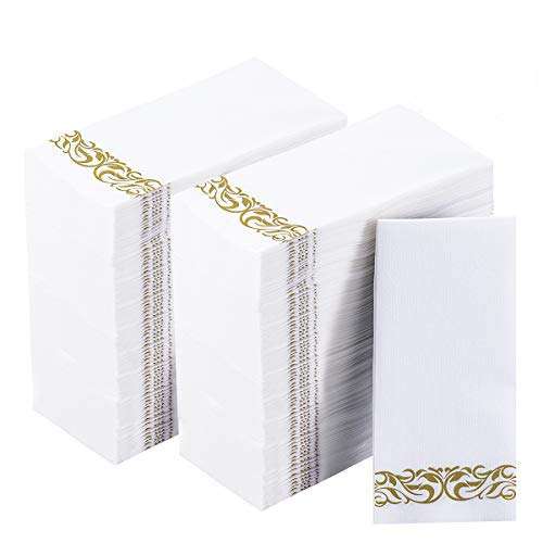 200 Disposable Guest Towels Soft and Absorbent Linen-Feel Paper Hand Towels Durable Decorative Bathroom Hand Napkins Good for Kitchen, Parties, Weddings, Dinners or Events White and Gold 1