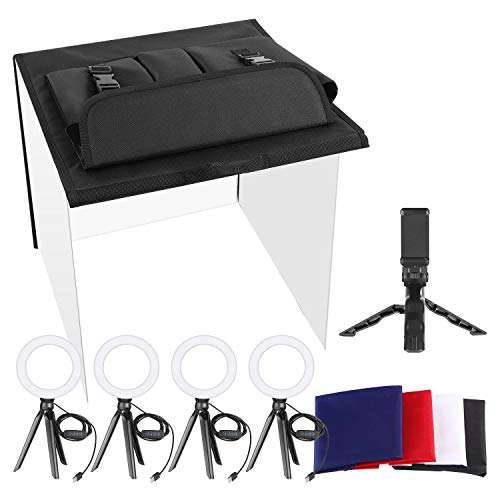 Neewer Photo Studio Box, 24x24inches Table Top Photo Light Box Continous Lighting Kit with 5 Tripod Stands, 4 LED Ring Lights, 4 Color Backdrops and a Phone Holder for Product Jewelry Food Photography 1
