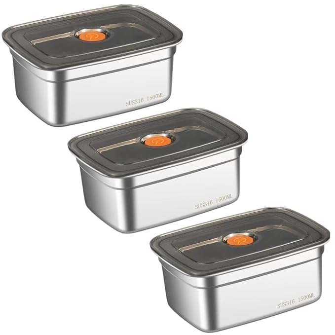 Marve Fridge Storage Box 316 Stainless Steel Food Storage Containers | Food Grade, Leakproof Kitchen Organizer | Freshness Locking, Microwavable & Freezer Safe, Silver With Lid (1500 Ml 3 Pcs) 1