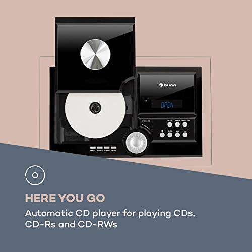 AUNA Stereosonic Microsystem, Shelf Stereo System, Micro System, 2 Stereo Speakers, Front-Loading CD Player, FM Tuner, Bluetooth, Wireless Connection, USB Port, Incl. Remote Control, Black 6
