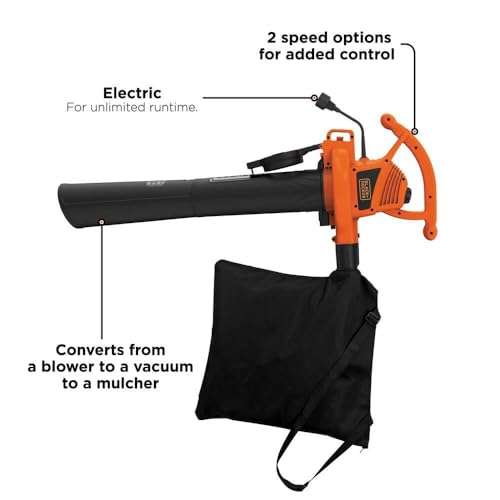 BLACK+DECKER Electric Leaf Blower, Leaf Vacuum and Leaf Mulcher, 3-in-1 300 CFM 210 MPH 12-Amp Handheld Lightweight Corded Electric Combo Kit (BV3100) 3