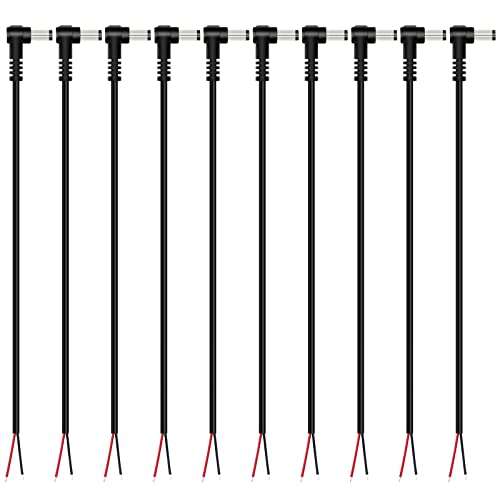 Fancasee (10 Pack) Replacement 5.5mm x 2.1mm 90 Degree Right Angle DC Power Male Plug Jack to Bare Wire Open End Pigtail Power Cable Cord for DC Power Supply Cable Repair 1