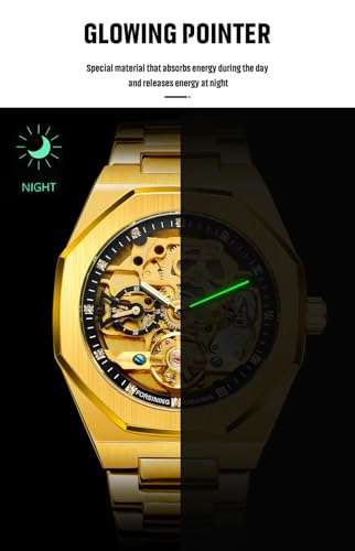 FANMIS Classic Mens Skeleton Automatic Mechanical Watches Luxury Carving Flower Craft Watch with Stainless Steel Waterproof Bracelet Wrist Watch, Black Gold, Automatic Watch 6