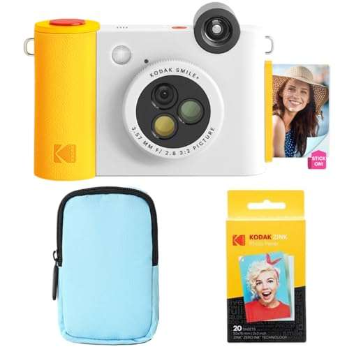 KODAK Smile+ 2-in-1 Digital Instant Print Camera & Wireless Bluetooth Photo Printer Starter Bundle + Deluxe Case + Zink 20pk Sticky-Back Photo Paper - 10MP, Special-Effect Rotating Lens - White