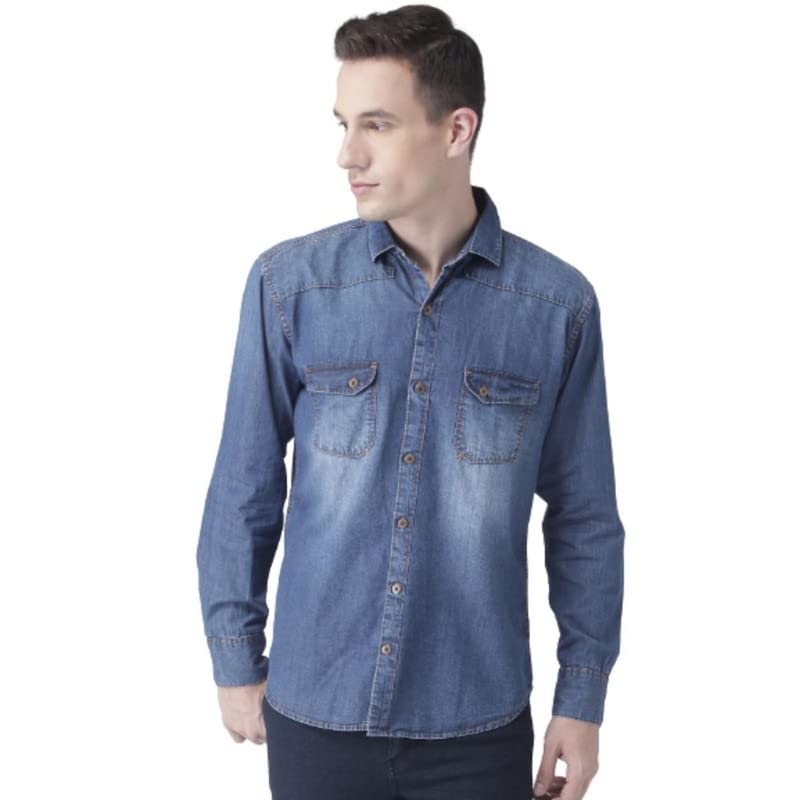 hangup Men's Checkered Regular fit Casual Shirt (DenimShirt_40_Blue