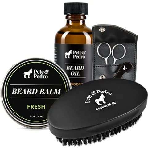 Pete & Pedro 4-Piece Beard Care Kit for Legendary Facial Hair - Grooming Styling Set | Beard Care Comb & Scissors Set, Military Oval Brush, Beard Balm, & Beard Oil | As Seen on Shark Tank, 4 PC Set