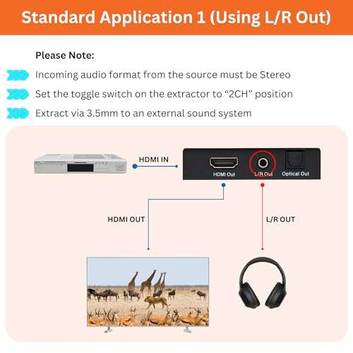 4K 60Hz HDMI Audio Extractor Converter SPDIF + 3.5MM Output Supports HDMI 2.0, HDCP 2.2, 1080P@120Hz, 1080P@144Hz, Dolby Digital/DTS Passthrough CEC, HDR10 by J-Tech Digital [JTD18G-H5CH] 4