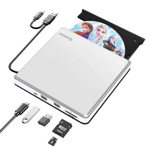 Guamar External CD Drive for Mac: Portable Slim DVD Burner for Laptop PC Windows with SD/TF Slot 2 USB Ports - Plug & Play USB-C Superdrive for MacBook High-Speed Read Write (Silver) 1