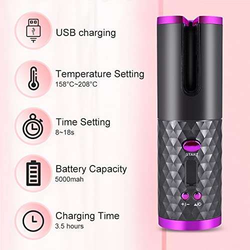 WOLTAX Usb Rechargeable Cordless Curling Iron Ceramic Rotating Wireless Hair Curler Adjustable Temperature (Multicolour) 5