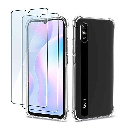 QHOHQ Case for Xiaomi Redmi 9A with 2 Pack Screen Protector, Transparent Soft Silicone TPU Cover - Tempered Glass Film - [9H Hardness] [Scratch Resistant] 1