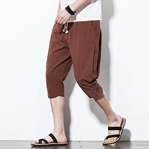 Hmlai Clearance Men Shorts Casual Big and Tall Elastic Waist Fashion Leisure Linen Loose Fit Calf-Length Linen Pants (XL, Coffee) 5