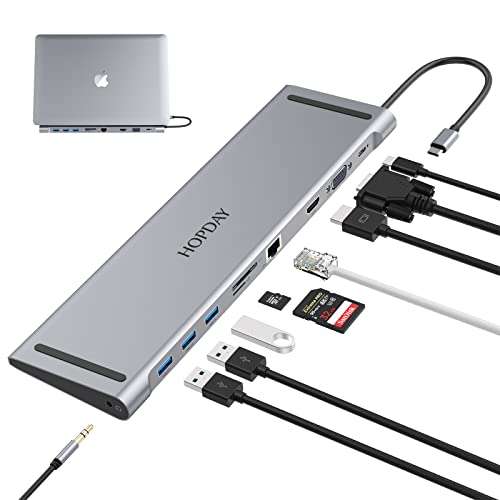 HOPDAY USB C Adapter - 10-in-1 Multiport Hub for MacBook Pro/Air - USB C Docking Station with Dual Display, USB Ports, HDMI, VGA, PD 100W, Ethernet, SD/TF Card Reader, 3.5mm Audio, Dongle for Laptop 1
