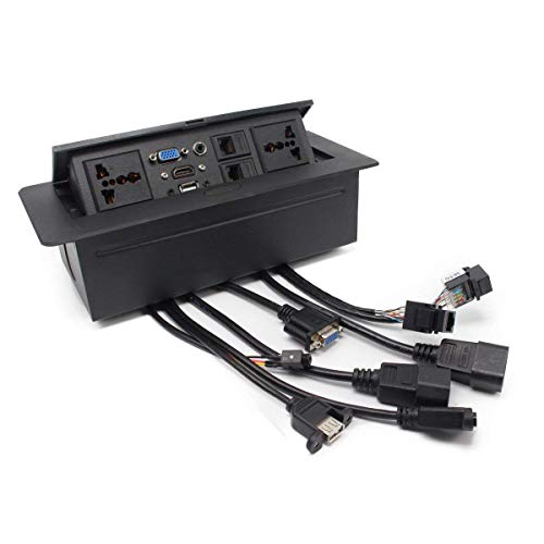 SHAPURE Hydraulic 10 Module Conference Table Connectivity and Data Box Pop Up Box Cable Cubby with HDMI, VGA, Audio, LAN and Power Ports (Black)