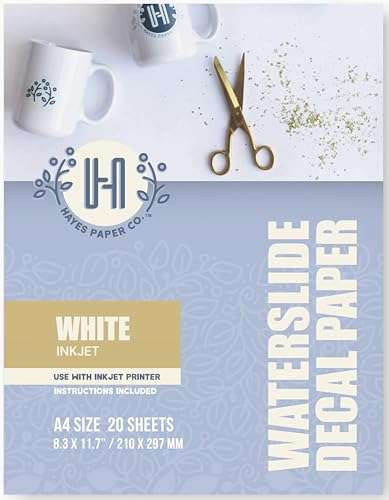 Hayes Paper, Waterslide Decal Paper Inkjet White 20 Sheets Premium Water Slide Transfer Paper, Bright White, A4 Size, 8.25 x 11.7 Inch 1