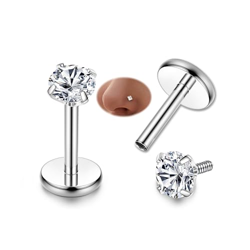 FIBO STEEL 316L Stainless Steel 2Pcs 16G 3mm CZ Inlaid Lip Rings Labret Monroe Nose Studs Helix Earring Piercing, 6mm Bar Length