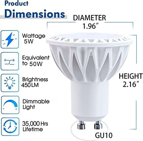 Dimmable GU10 LED Light Bulb, 5W 50W Equivalent, Neutral White, Standard Base, Pack of 6 - Ideal Replacement for Recessed and Track Lighting. 2