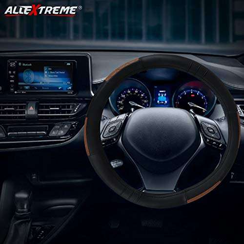 AllExtreme EXBTFS1 PU Leather Designer Universal Anti-Slip Car Auto Steering Wheel Cover Finger Design (36cm, Black) 3