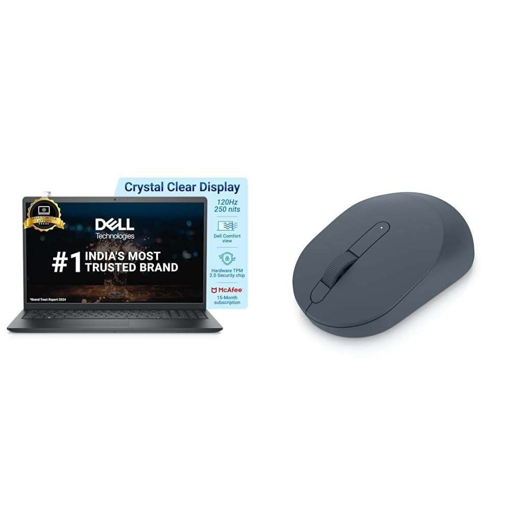 Dell 15 Thin & Light Laptop, Intel Core i5-1235U Processor/16GB DDR4+512GB SSD/15.6" FHD/Carbon Black + Dell W/L Mouse-MS3320W, W/L-2.4GHz, BT 5.0, 1600 DPI, 3-Buttons-Midnight Green 1