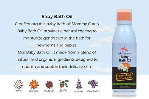 Mommy Care Organic Baby Bath Oil Pure Natural Essential Oils, Calming, Hydrating, Newborn Bathing Oil to Restore your baby’s natural skin moisture. Great for irritated or dry skin. 6.76 oz 5