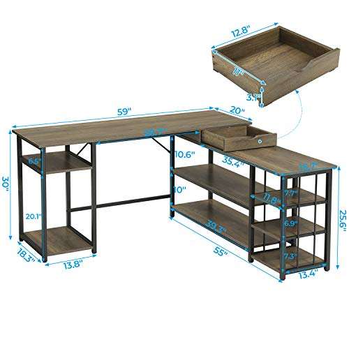 SEDETA L Shaped Computer Desk, 59 Inch Corner Computer Desk with Storage Shelves and Drawer, Study Writing Desk Table Workstation for Home Office, Vintage Walnut 2