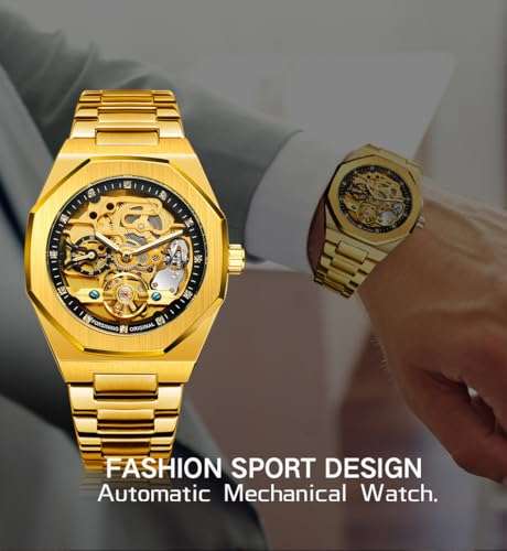 FANMIS Classic Mens Skeleton Automatic Mechanical Watches Luxury Carving Flower Craft Watch with Stainless Steel Waterproof Bracelet Wrist Watch, Black Gold, Automatic Watch 3
