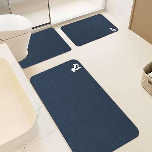 U-Shaped Toilet mat, Bathroom Rugs Set 3 Piece, Comfortable Soft and Absorbent Bathroom mat, U Shaped Bath Rug, Non-Slip Rubber Bath mat, Toilet Rug，Dry Fast for Bathroom Mat, Dark Blue